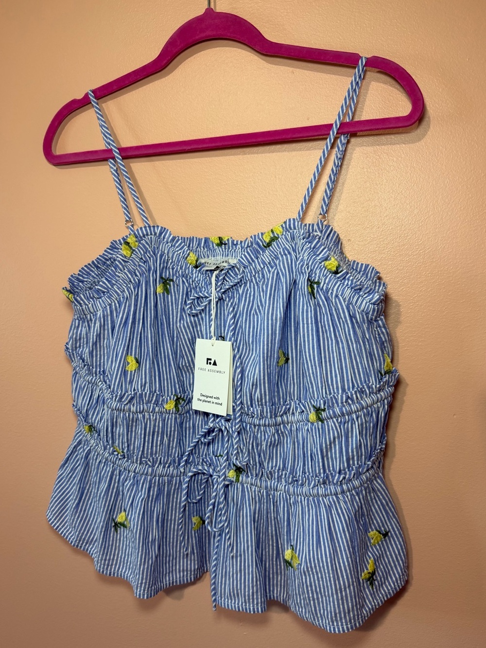 NWT Blue Striped Lemon Embroidered Smocked Tank Top